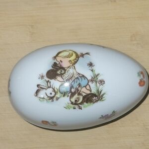 Decorative White Egg with Child and Bunny Design